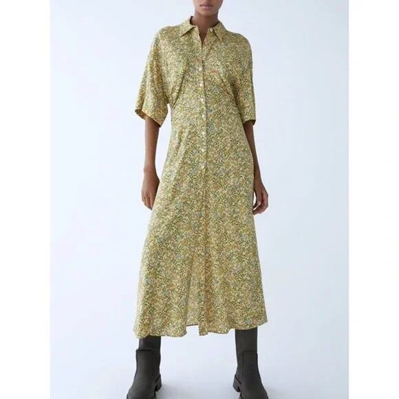 Zara Floral Printed Midi Shirt Dress Size M Yellow Boho Spring Summer Soft Girl - Picture 1 of 6